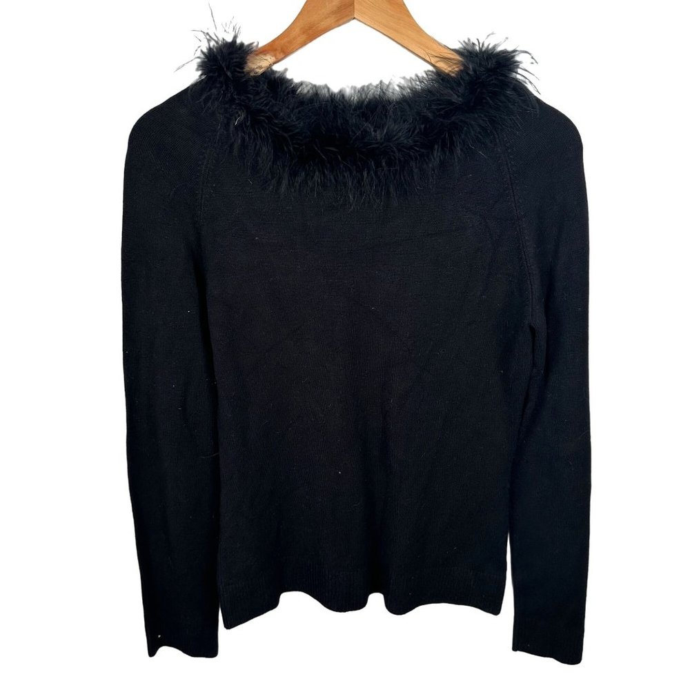 Vintage Y2K Max Studio‎ Small Sweater Feather Trim Black Long Sleeve Rayon Blend